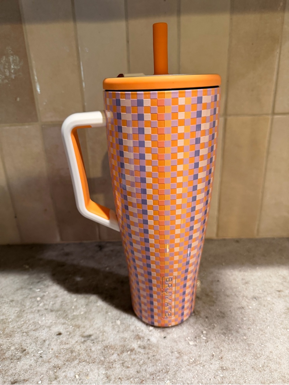 Orange Checkered Travel Tumbler with Handle and Straw - Brumate